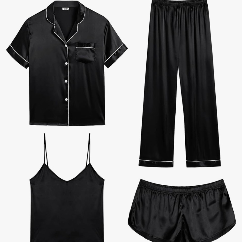 SWOMOG 4 Piece Women's Black Silk Satin Sleepwear Set